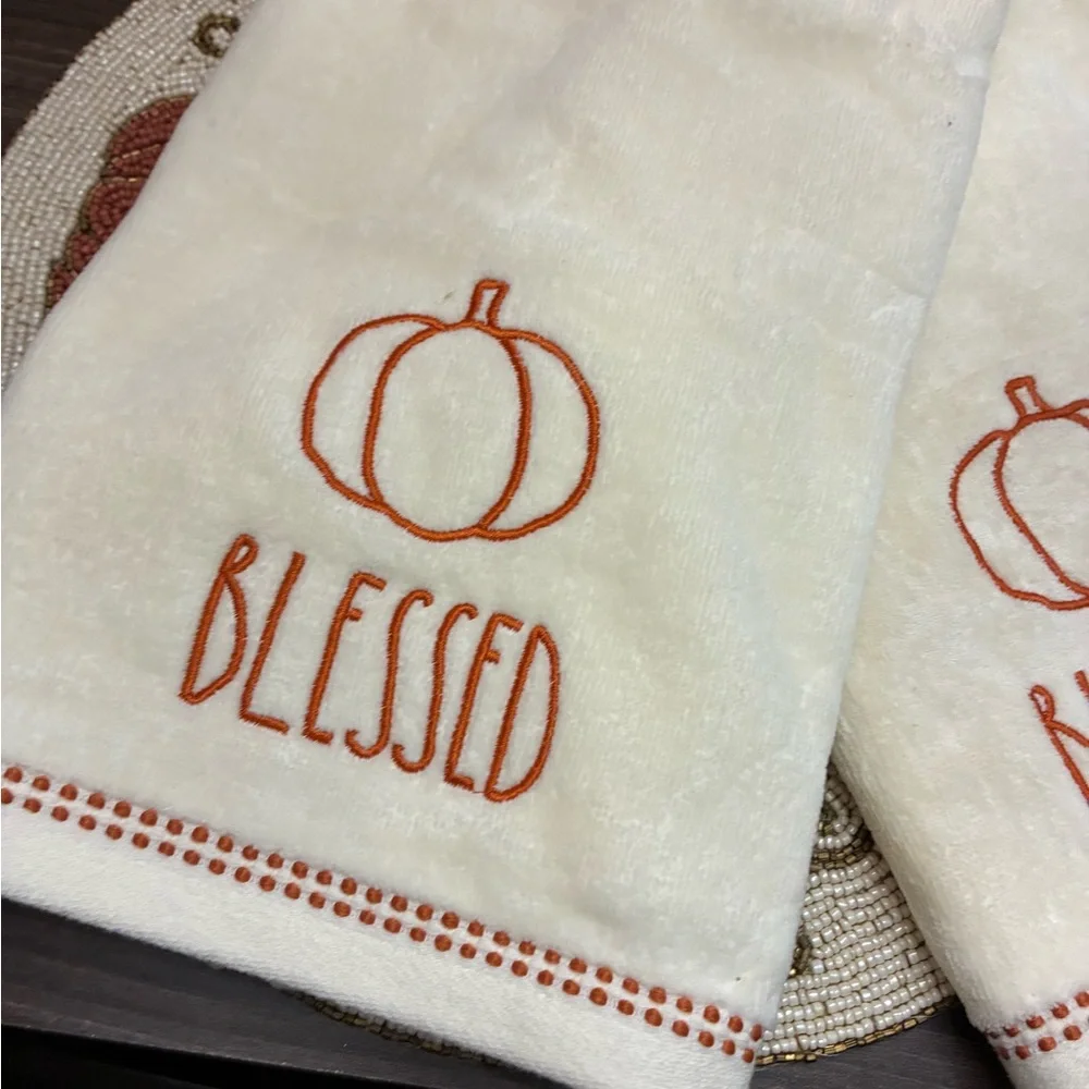 Rae Dunn Cream and Orange 'Blessed' Hand Towels